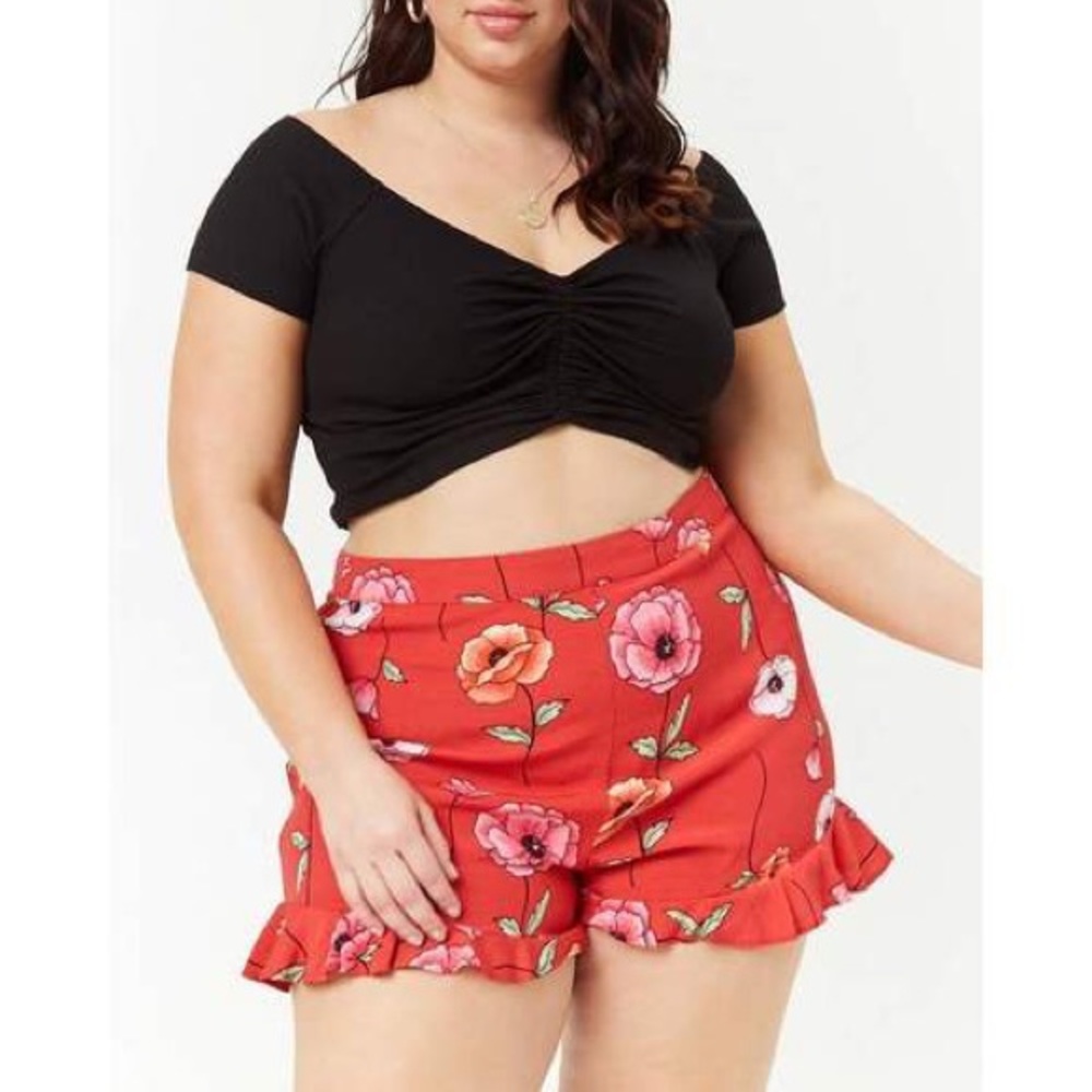 Forever 21 Plus Red Floral Ruffle Shorts